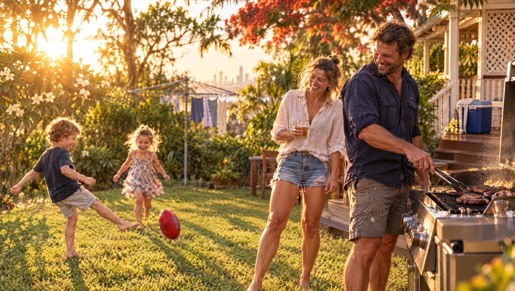 A tradie at the backyard barbecue on a Friday evening, laughing with his partner while the kids kick a footy on the grass