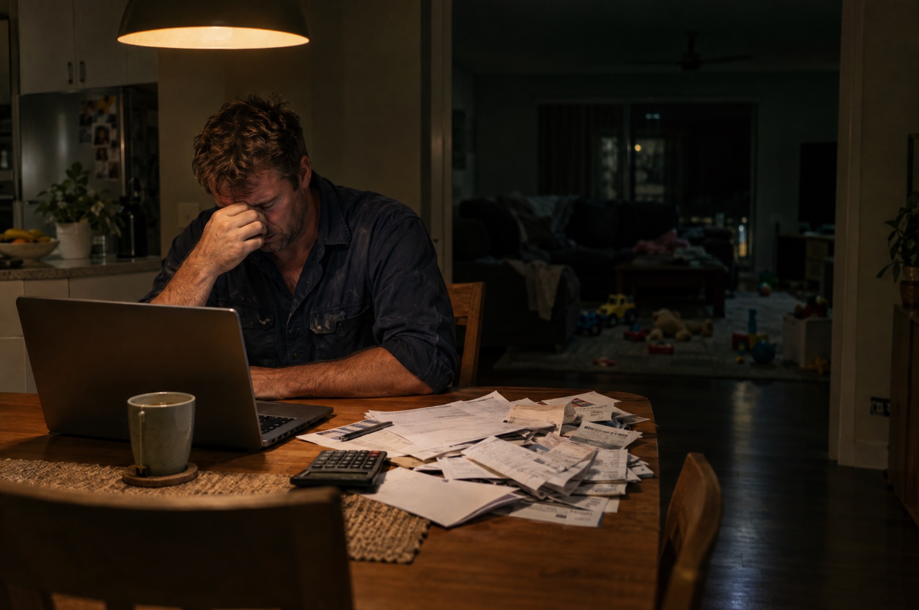 Without The Go: a tradie doing invoices at the kitchen table at 9:30pm